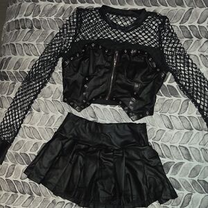 Goth Black Mesh and Faux Leather Two-Piece Set